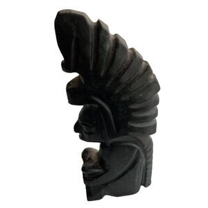 Hand-carved Aztec Head with Headdress Statue Black Obsidian 5 x 2 x 0.75 inches